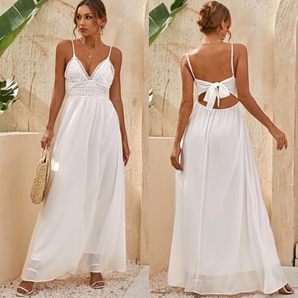 Dresses & Skirts - Boho crochet cami maxi dress tie backless white